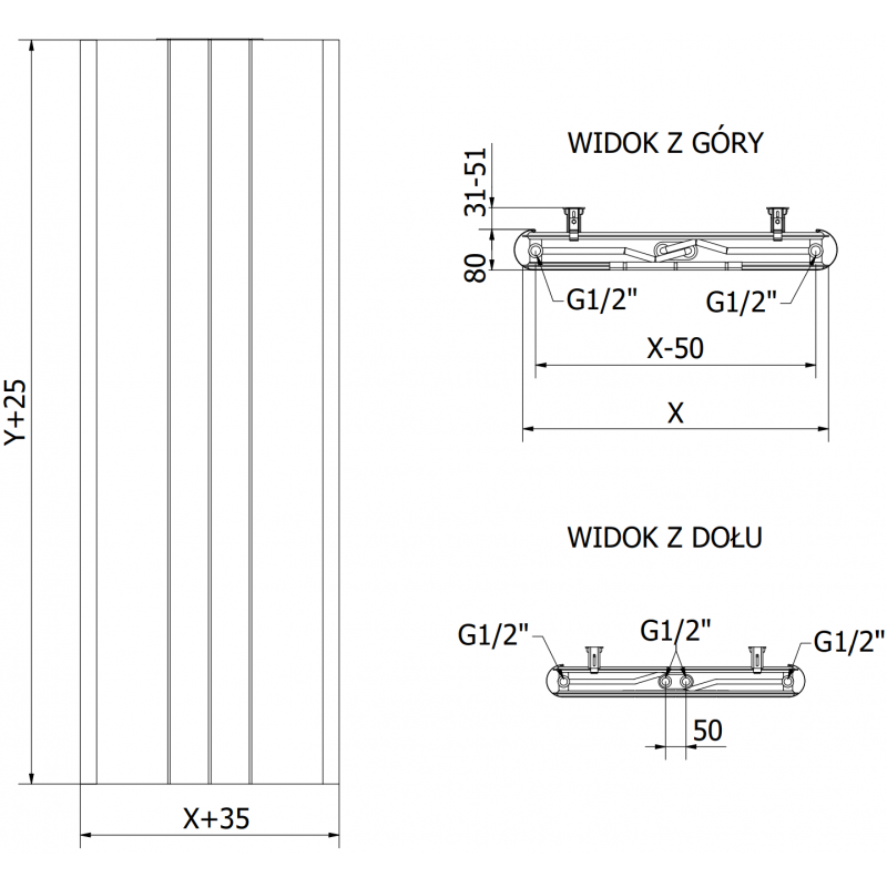 Mexen Line VR20SL radiateur en acier 1400 x 400 mm, connexion inférieure centrale, 712 W, anthracite - W6VR20SL-140-040-66