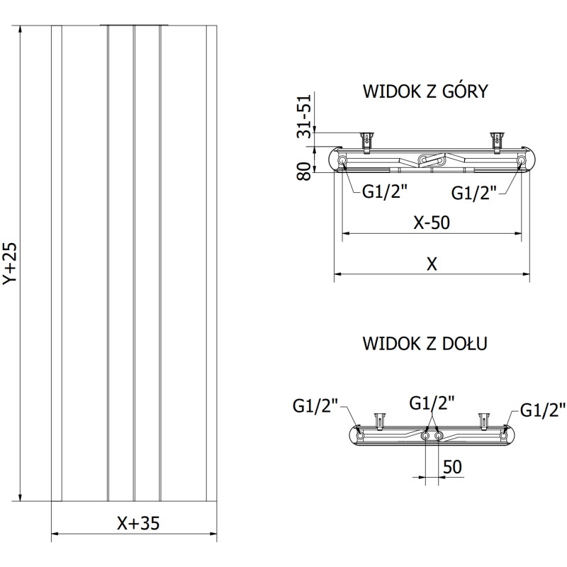 Mexen VR20SL Ligne radiateur à panneau 1600 x 500 mm, raccordement inférieur central, 993 W, anthracite - W6-160-050-66