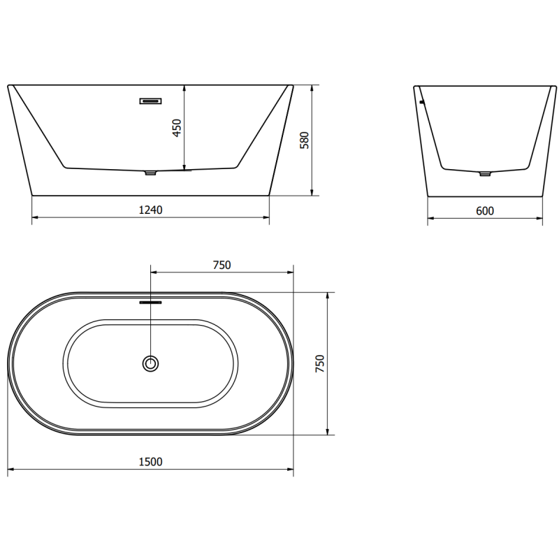 Mexen Luna baignoire autoportante 150 x 75 cm, blanche, trop-plein cuivre brossé - 52031507500-65