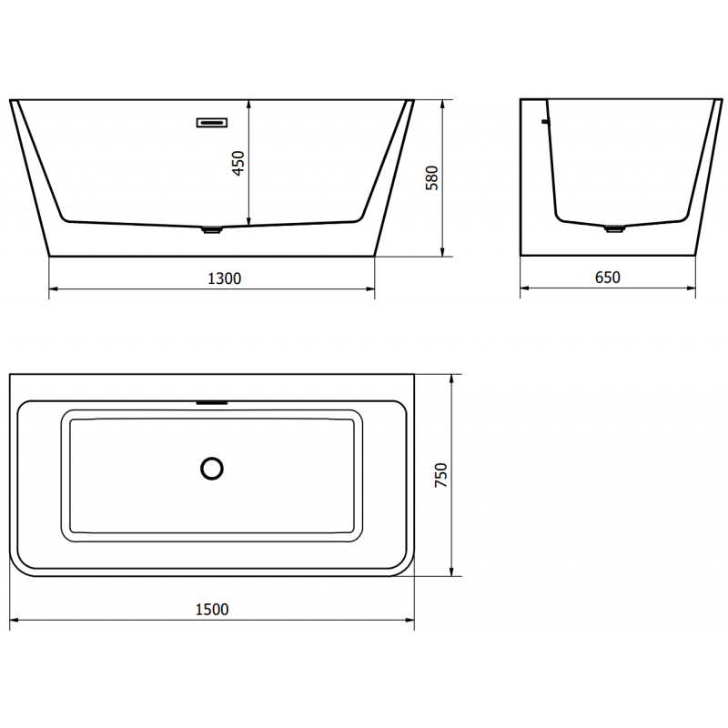 Mexen Volta baignoire autoportante adossée 150 x 75 cm, blanche/noire, trop-plein gun gray brossé - 51131507575-66