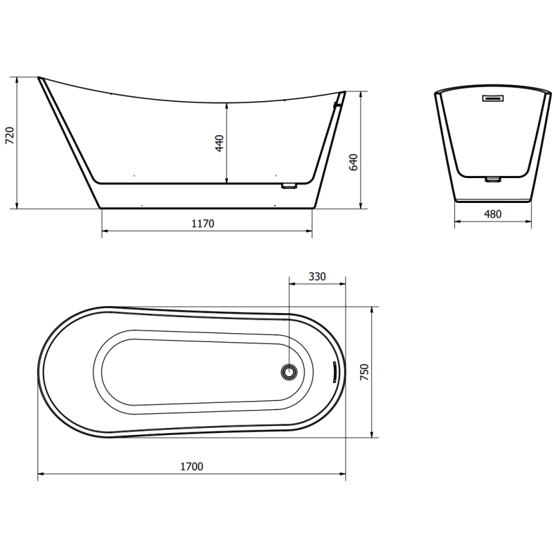 Mexen Alta baignoire autoportante 170 x 75 cm, blanc/noir, trop-plein en cuivre brossé - 52141707575-65