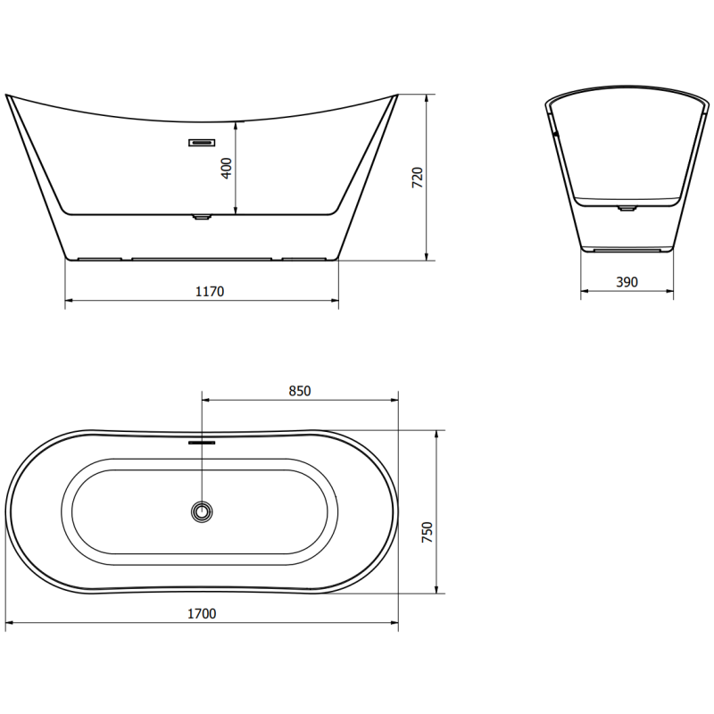 Mexen Celia baignoire autoportante 170 x 75 cm, blanc/noir, trop-plein chromé - 52331707575-01