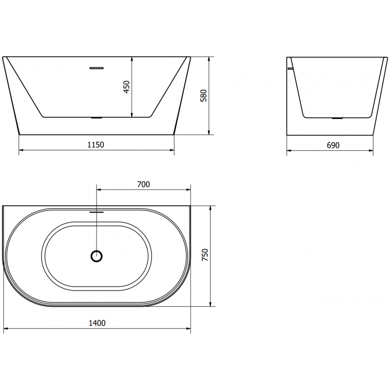 Mexen Oval baignoire autoportante adossée 140 x 75 cm, blanche, trop-plein doré - 52671407500-50