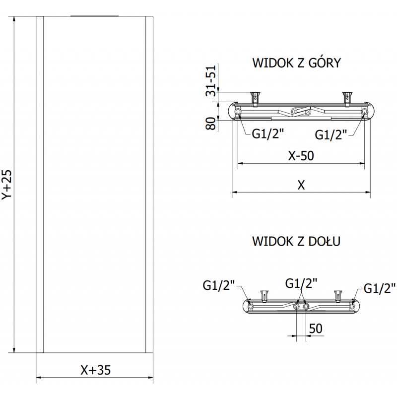 Mexen Flat VR20S radiateur panneaux 2000 x 500 mm, connexion inférieure centrale, 1181 W, noir - W6VR20S-200-050-70