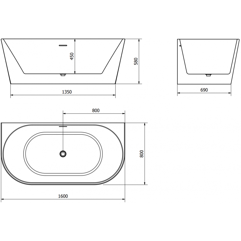 Mexen Oval baignoire autoportante adossée 160 x 80 cm, blanche, trop-plein gun gray brossé - 52671608000-66