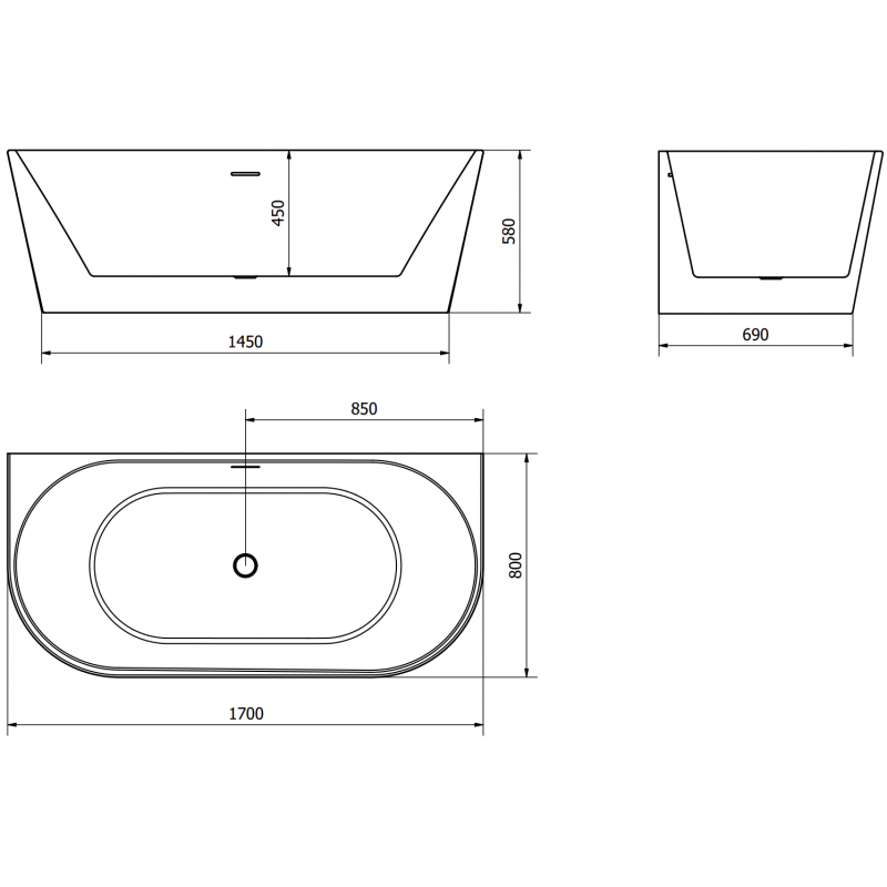 Mexen Oval baignoire autoportante adossée 170 x 80 cm, blanche/noire, trop-plein gun metal - 52671708075-95