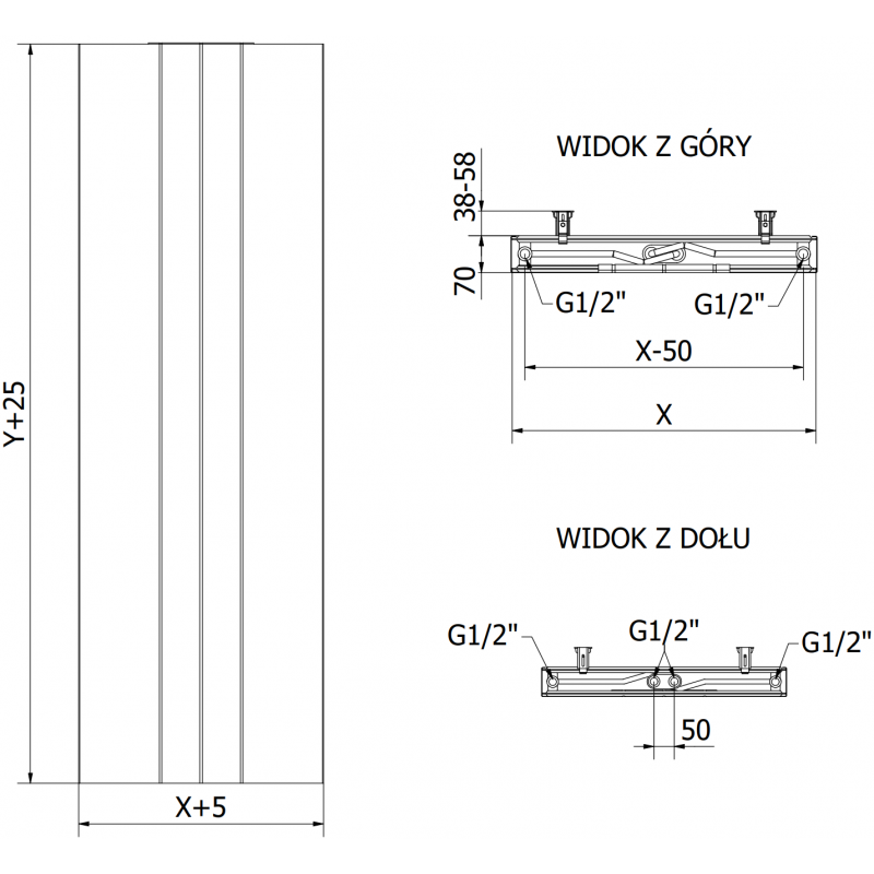 Mexen Line VS20SL radiateur en acier 1800 x 300 mm, connexion inférieure centrale, 654 W, noir - W6VS20SL-180-030-70