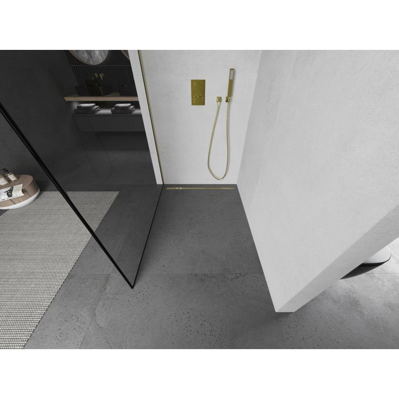Mexen Kioto paroi de douche Walk-in 150 x 200 cm, cadre noir 8 mm, doré brossé - 800-150-101-55-70