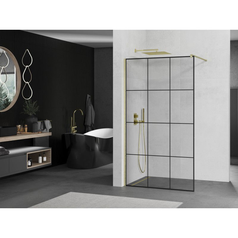 Mexen Kioto paroi de douche Walk-in 110 x 200 cm, grille noire 8 mm, or brossé - 800-110-101-55-77