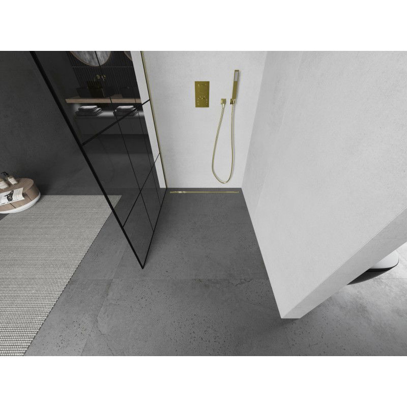 Mexen Kioto paroi de douche Walk-in 110 x 200 cm, grille noire 8 mm, or brossé - 800-110-101-55-77