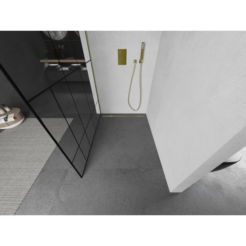 Mexen Kioto paroi de douche Walk-in 80 x 200 cm, motif noir 8 mm, or brossé - 800-080-101-55-78