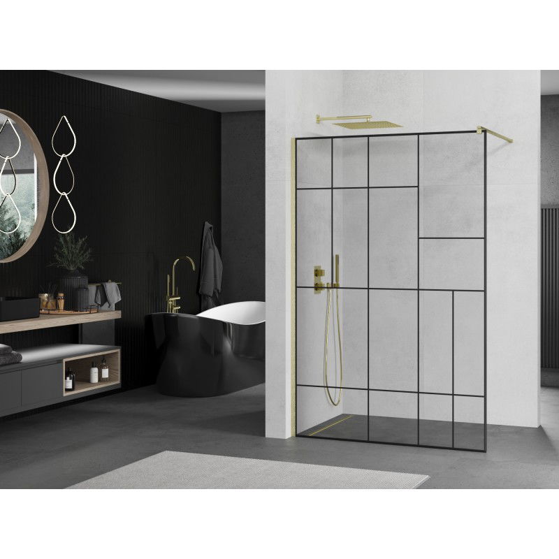 Mexen Kioto paroi de douche Walk-in 140 x 200 cm, motif noir 8 mm, doré brossé - 800-140-101-55-78