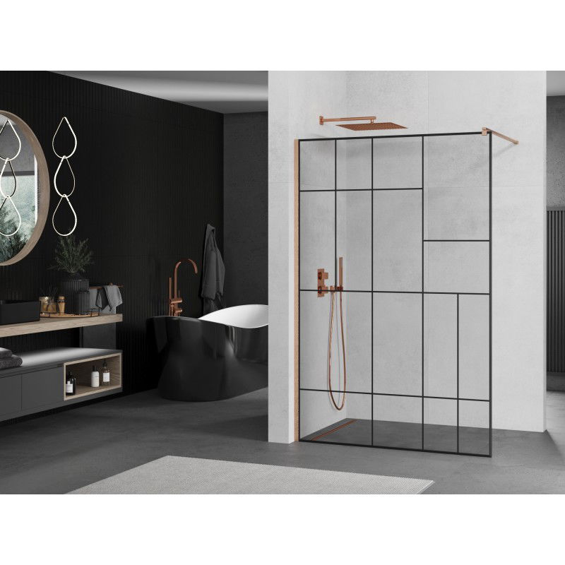 Mexen Kioto cloison de douche Walk-in 130 x 200 cm, motif noir 8 mm, cuivre brossé - 800-130-101-65-78