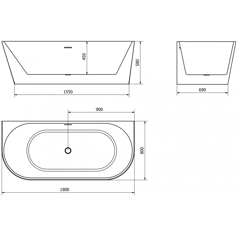 Mexen Oval baignoire autoportante adossée 180 x 80 cm, blanc/noir, trop-plein or rose - 52671808075-60