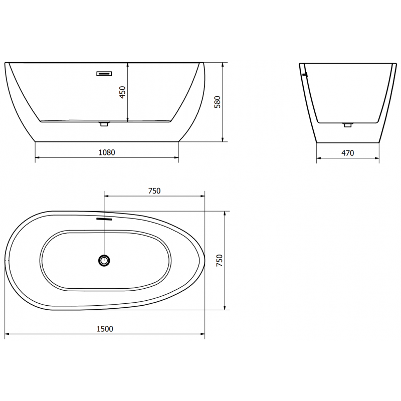Mexen Eos baignoire autoportante 150 x 75 cm, blanc/noir, trop-plein or rose - 52471507575-60