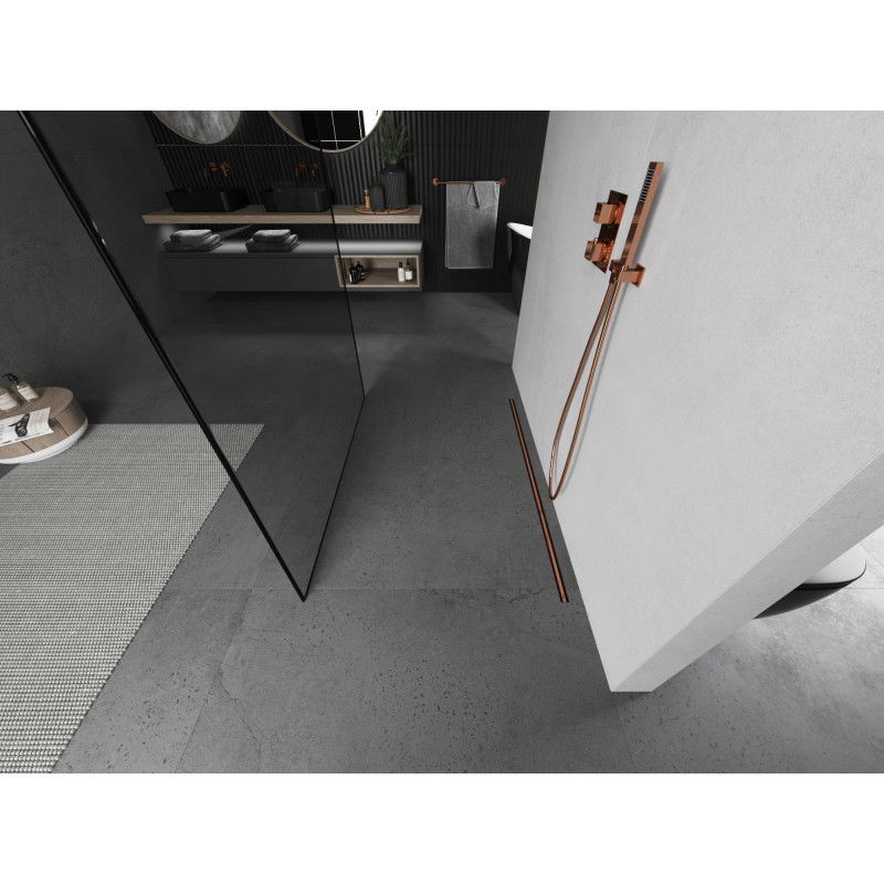 Mexen Kioto paroi de douche autoportante 150 x 200 cm, cadre noir 8 mm, cuivre brossé - 800-150-002-65-70