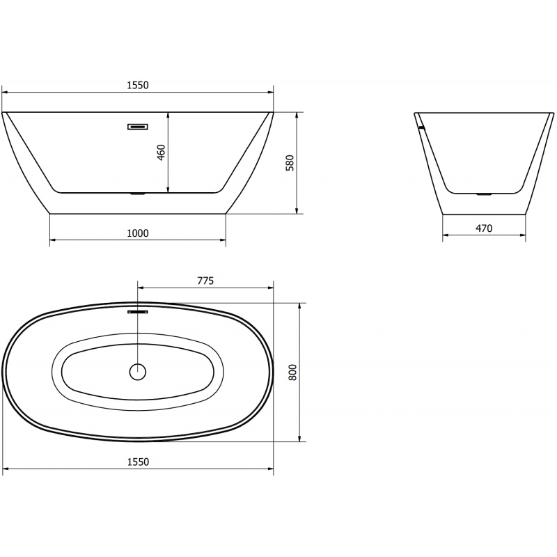Mexen Eris baignoire autoportante 155 x 80 cm, blanc/noir, trop-plein or brossé - 53441558075-55