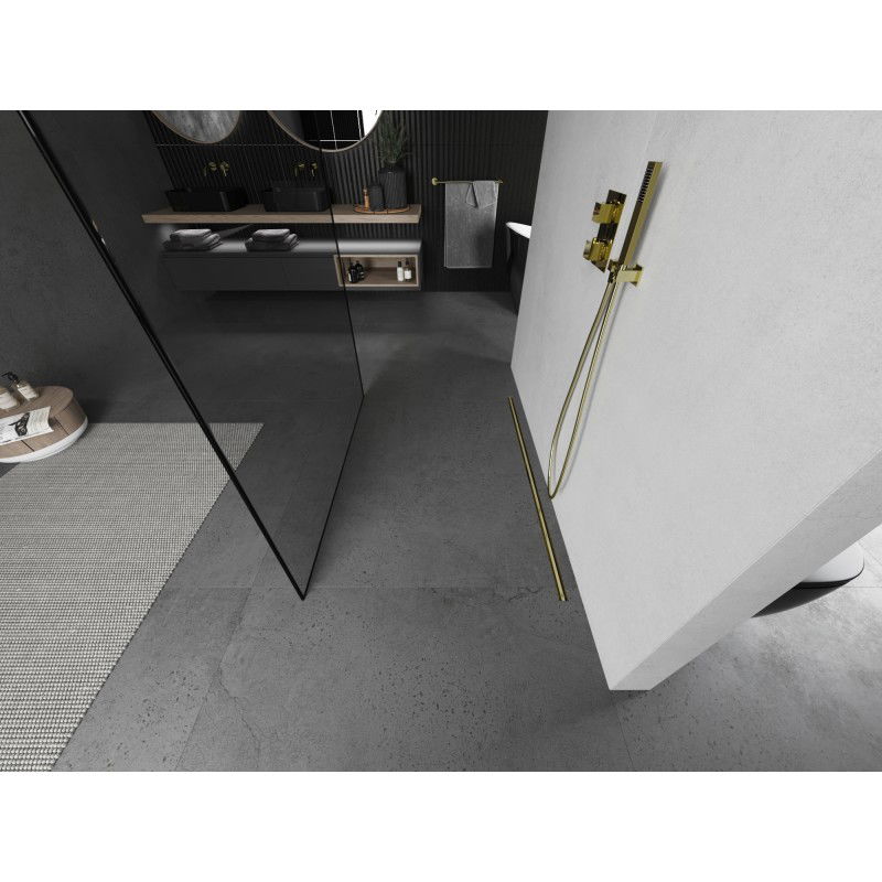 Mexen Kioto paroi de douche autoportante 130 x 200 cm, cadre noir 8 mm, doré brossé - 800-130-002-55-70