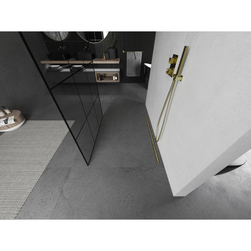 Mexen Kioto paroi de douche autoportante 120 x 200 cm, grille noire 8 mm, or brossé - 800-120-002-55-77