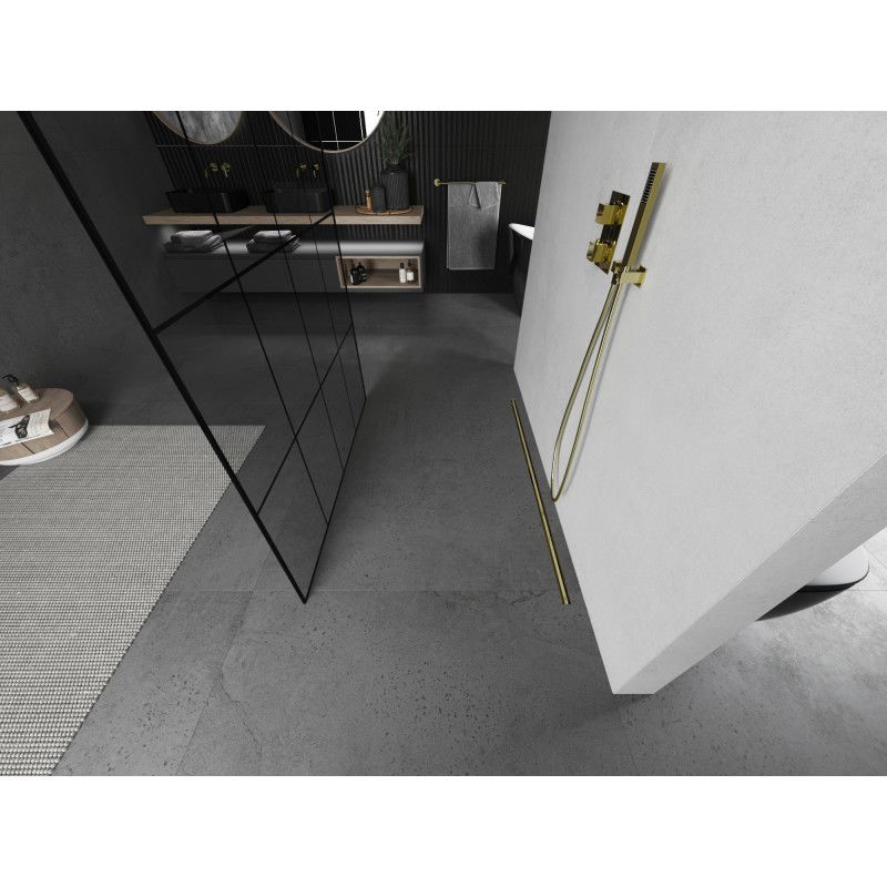 Mexen Kioto paroi de douche autoportante 130 x 200 cm, grille noire 8 mm, or brossé - 800-130-002-55-77