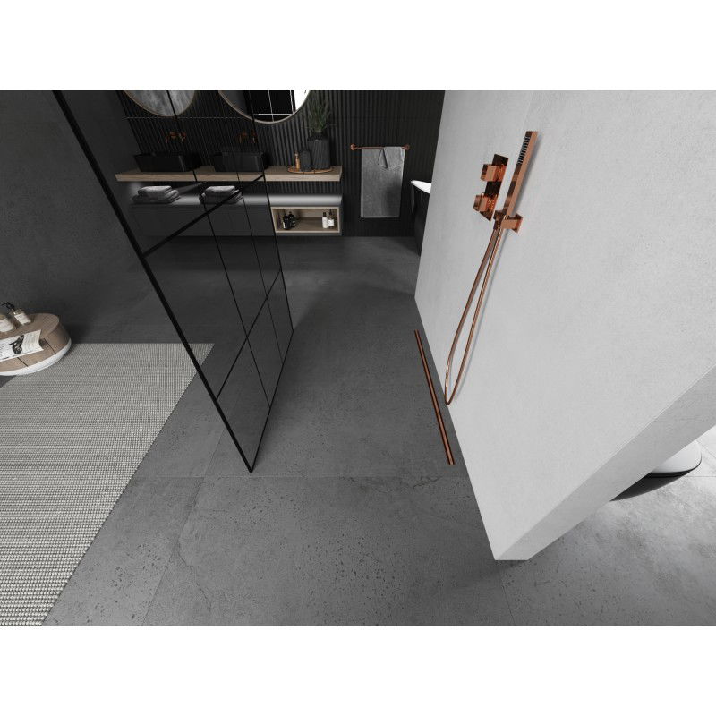Mexen Kioto paroi de douche autoportante 100 x 200 cm, grille noire 8 mm, cuivre brossé - 800-100-002-65-77