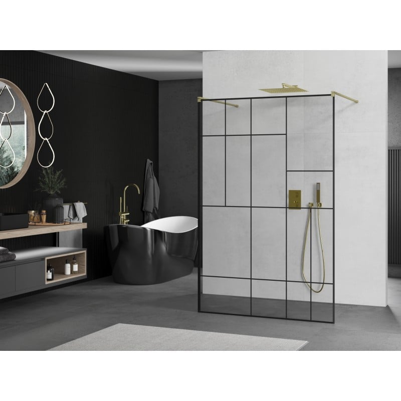 Mexen Kioto paroi de douche autoportante 100 x 200 cm, motif noir 8 mm, or brossé - 800-100-002-55-78