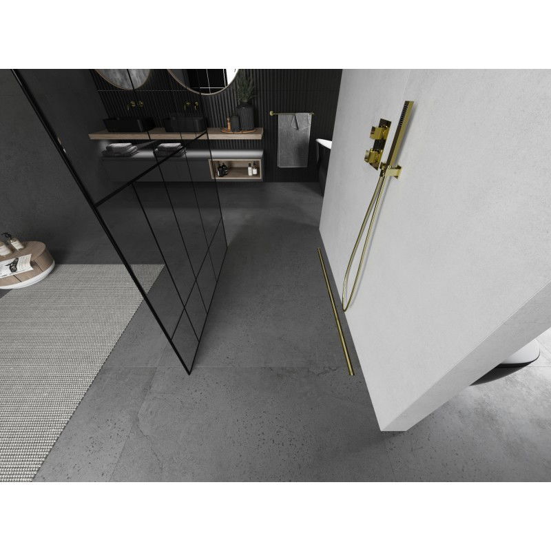 Mexen Kioto paroi de douche autoportante 110 x 200 cm, motif noir 8 mm, or brossé - 800-110-002-55-78