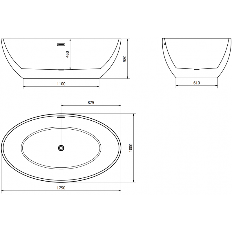 Mexen Nike baignoire autoportante 175 x 100 cm, blanc/noir, trop-plein doré - 54071751075-50