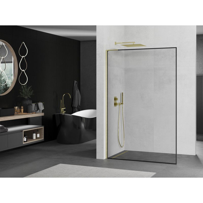 Mexen Kioto L paroi de douche Walk-in 60 x 200 cm, cadre noir, doré brossé - 800-060-103-55-70