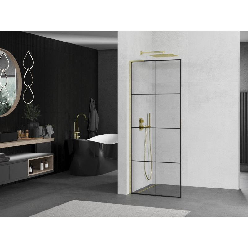 Mexen Kioto L paroi de douche Walk-in 90 x 200 cm, grille noire, or brossé - 800-090-103-55-77