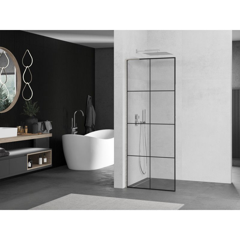 Mexen Kioto L paroi de douche Walk-in 90 x 200 cm, grille noire, nickel brossé - 800-090-103-97-77