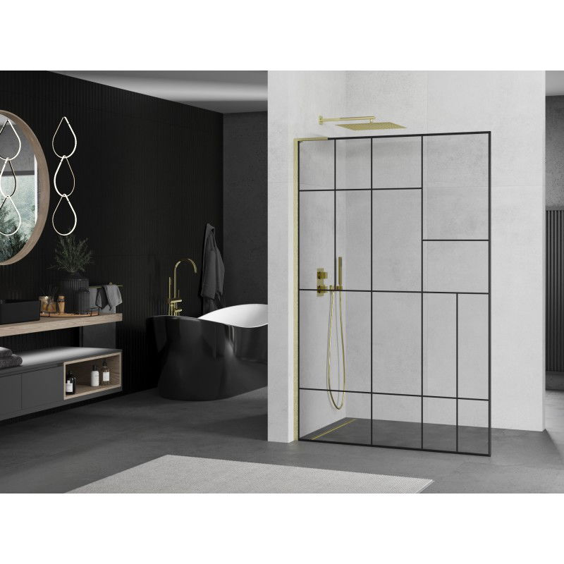 Mexen Kioto L paroi de douche Walk-in 100 x 200 cm, motif noir, doré brossé - 800-100-103-55-78