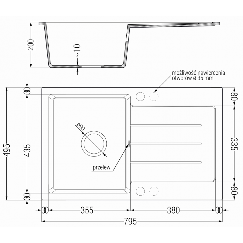 Mexen Bruno Évier en granit à 1 bac avec égouttoir 795 x 495 mm, beige, siphon doré - 6513791010-69-G