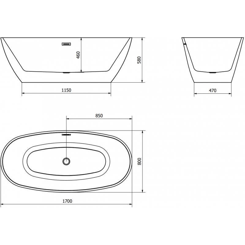 Mexen Eris baignoire autoportante 170 x 80 cm, blanc/noir, trop-plein chromé - 53441708075-01