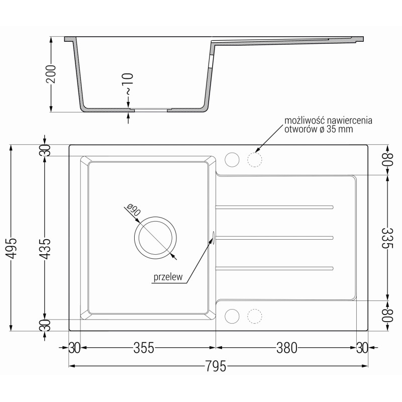 Mexen Bruno évier en granit à 1 bac avec égouttoir et robinet de cuisine Savita, noir/doré métallique - 6513-75-672601-70