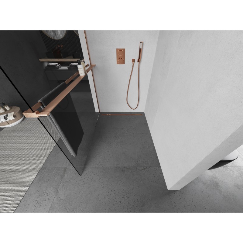 Mexen Kioto+ paroi de douche avec étagère Walk-in 125 x 200 cm, transparent, cuivre brossé - 800-125-121-65-00