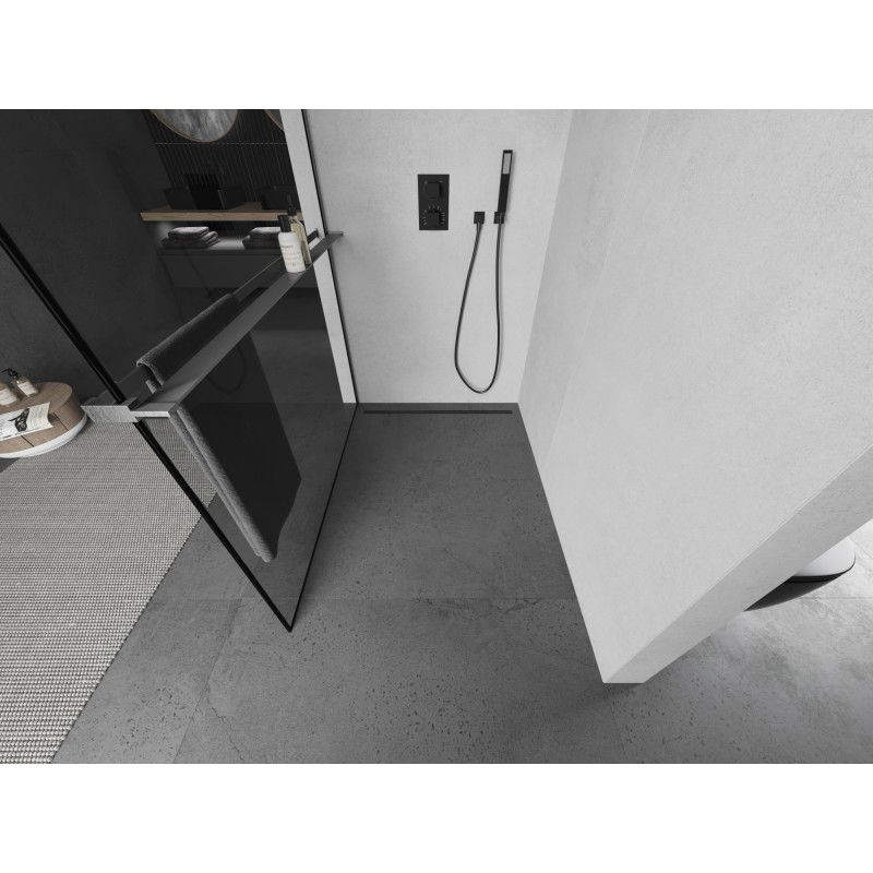 Mexen Kioto+ paroi de douche avec étagère Walk-in 90 x 200 cm, cadre noir, gris pistolet brossé - 800-090-121-66-70