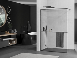 Mexen Kioto+ paroi de douche avec étagère Walk-in 110 x 200 cm, cadre noir, gun gray brossé - 800-110-121-66-70