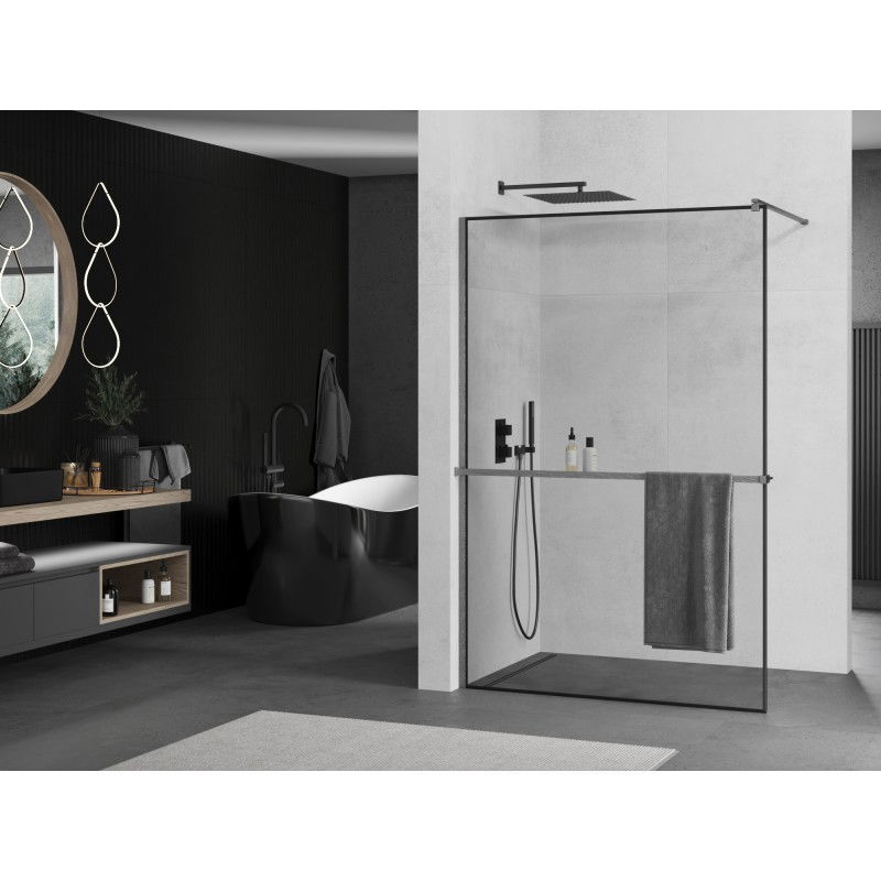 Mexen Kioto+ paroi de douche avec étagère Walk-in 130 x 200 cm, cadre noir, gris canon brossé - 800-130-121-66-70