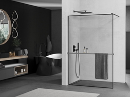 Mexen Kioto+ paroi de douche avec étagère Walk-in 80 x 200 cm, cadre noir, métal canon - 800-080-121-95-70