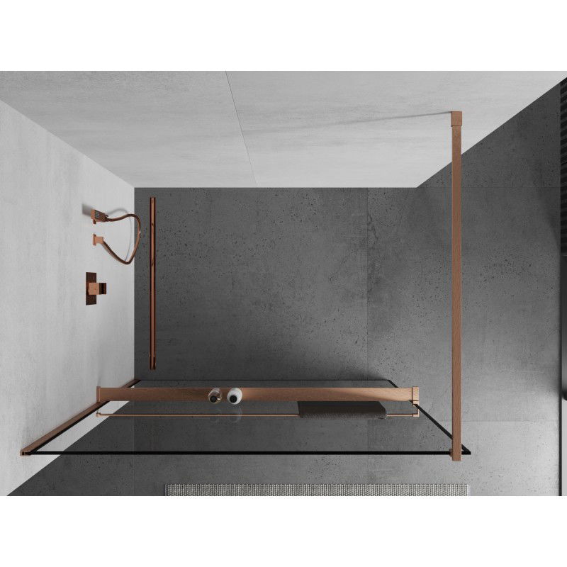 Mexen Kioto+ paroi de douche avec étagère Walk-in 70 x 200 cm, cadre noir, cuivre brossé - 800-070-121-65-70