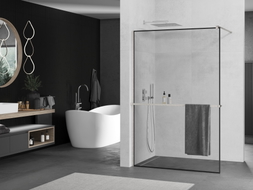 Mexen Kioto+ paroi de douche avec étagère Walk-in 70 x 200 cm, cadre noir, nickel brossé - 800-070-121-97-70