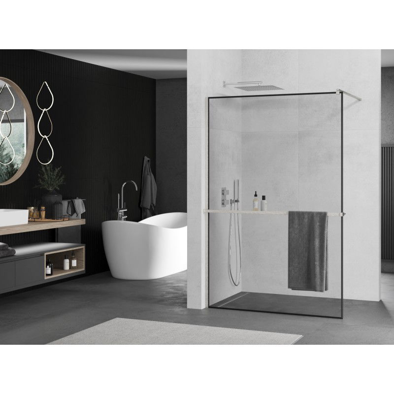 Mexen Kioto+ paroi de douche avec étagère Walk-in 140 x 200 cm, cadre noir, nickel brossé - 800-140-121-97-70
