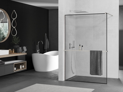 Mexen Kioto+ paroi de douche avec étagère Walk-in 140 x 200 cm, motif noir, nickel brossé - 800-140-121-97-70