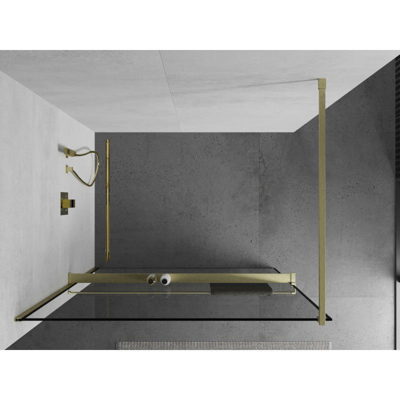Mexen Kioto+ paroi de douche avec étagère Walk-in 110 x 200 cm, cadre noir, doré brossé - 800-110-121-55-70