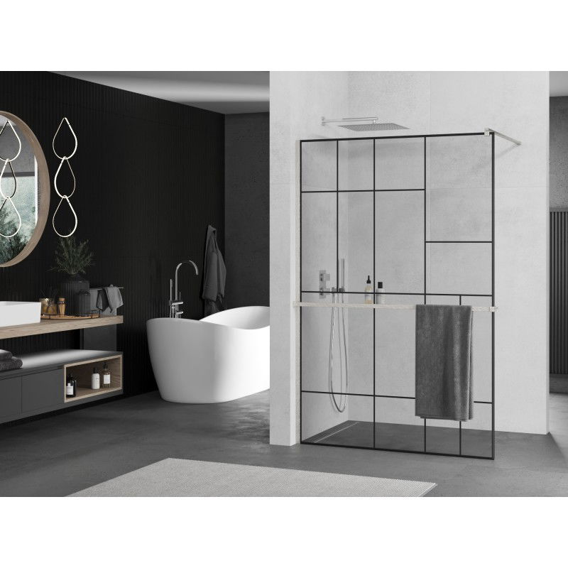 Mexen Kioto+ paroi de douche avec étagère Walk-in 130 x 200 cm, motif noir, nickel brossé - 800-130-121-97-78