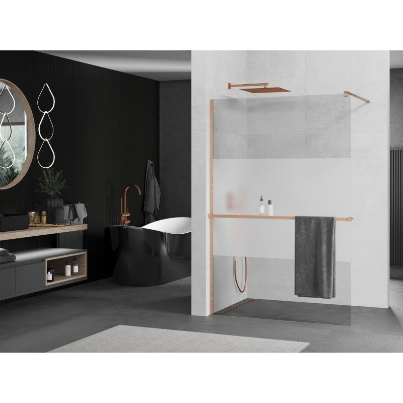 Mexen Kioto+ paroi de douche avec étagère Walk-in 100 x 200 cm, transparent/verre dépoli, cuivre brossé - 800-100-121-65-35