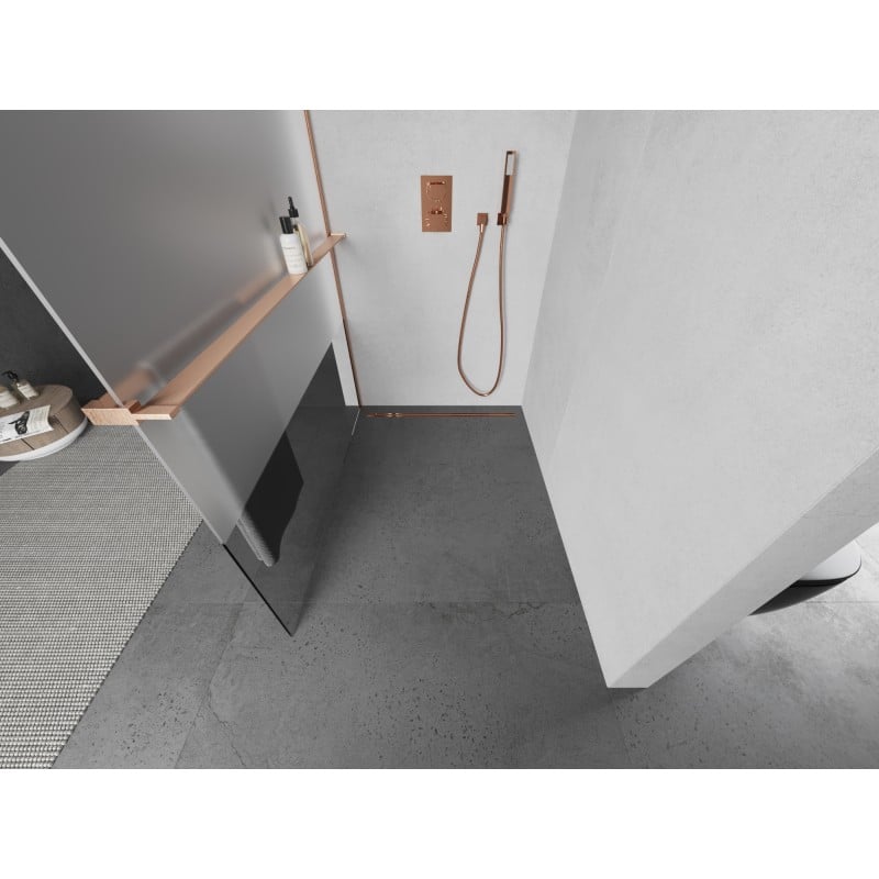 Mexen Kioto+ cloison de douche avec étagère Walk-in 140 x 200 cm, transparent/givré, cuivre brossé - 800-140-121-65-35