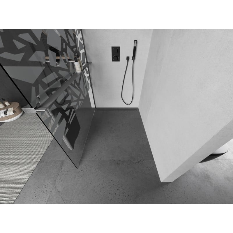 Mexen Kioto+ paroi de douche avec étagère Walk-in 90 x 200 cm, motif blanc, gris canon brossé - 800-090-121-66-85