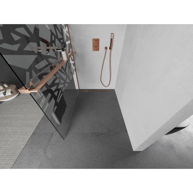 Mexen Kioto+ paroi de douche avec étagère Walk-in 80 x 200 cm, motif blanc, cuivre brossé - 800-080-121-65-85